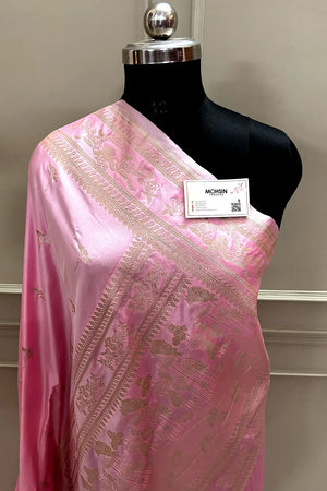 Baby Pink Zari Katan Mashru Silk Banarasi Saree