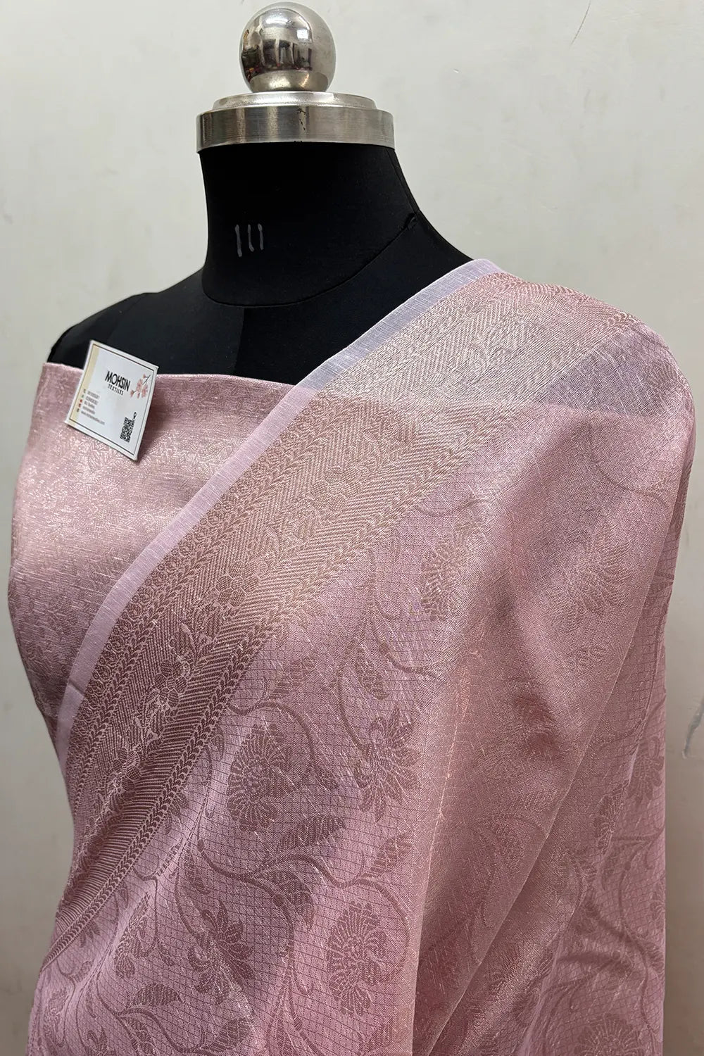 Baby Pink Zari Linen Silk Banarasi Saree