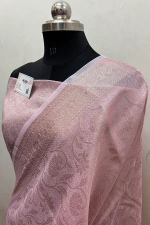 Baby Pink Zari Linen Silk Banarasi Saree