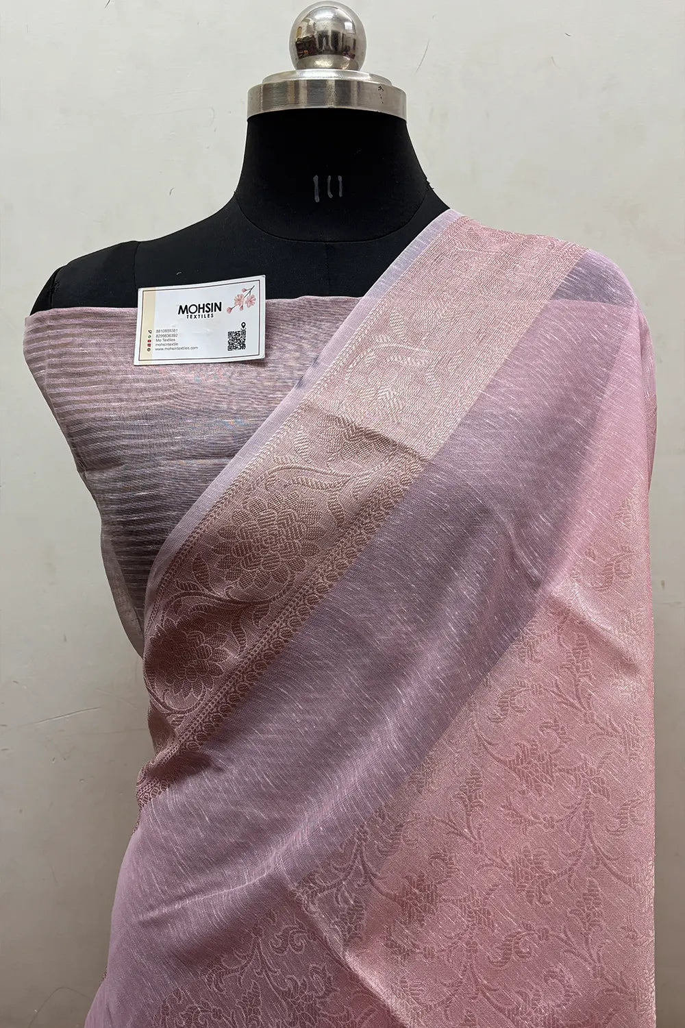 Baby Pink Zari Linen Silk Banarasi Saree