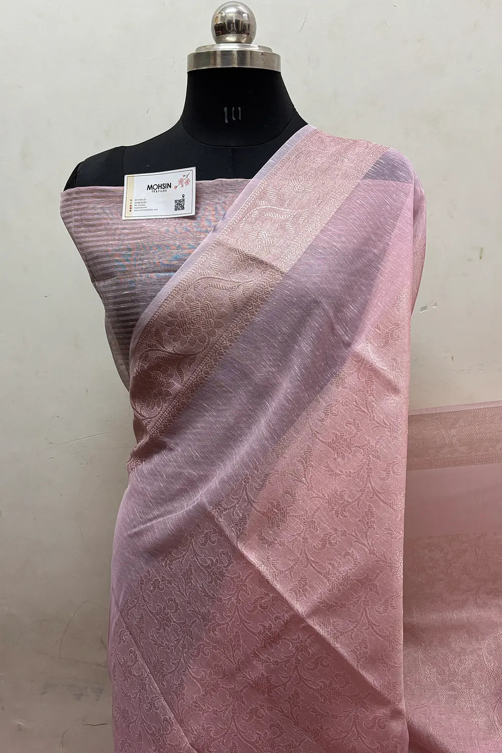 Baby Pink Zari Linen Silk Banarasi Saree