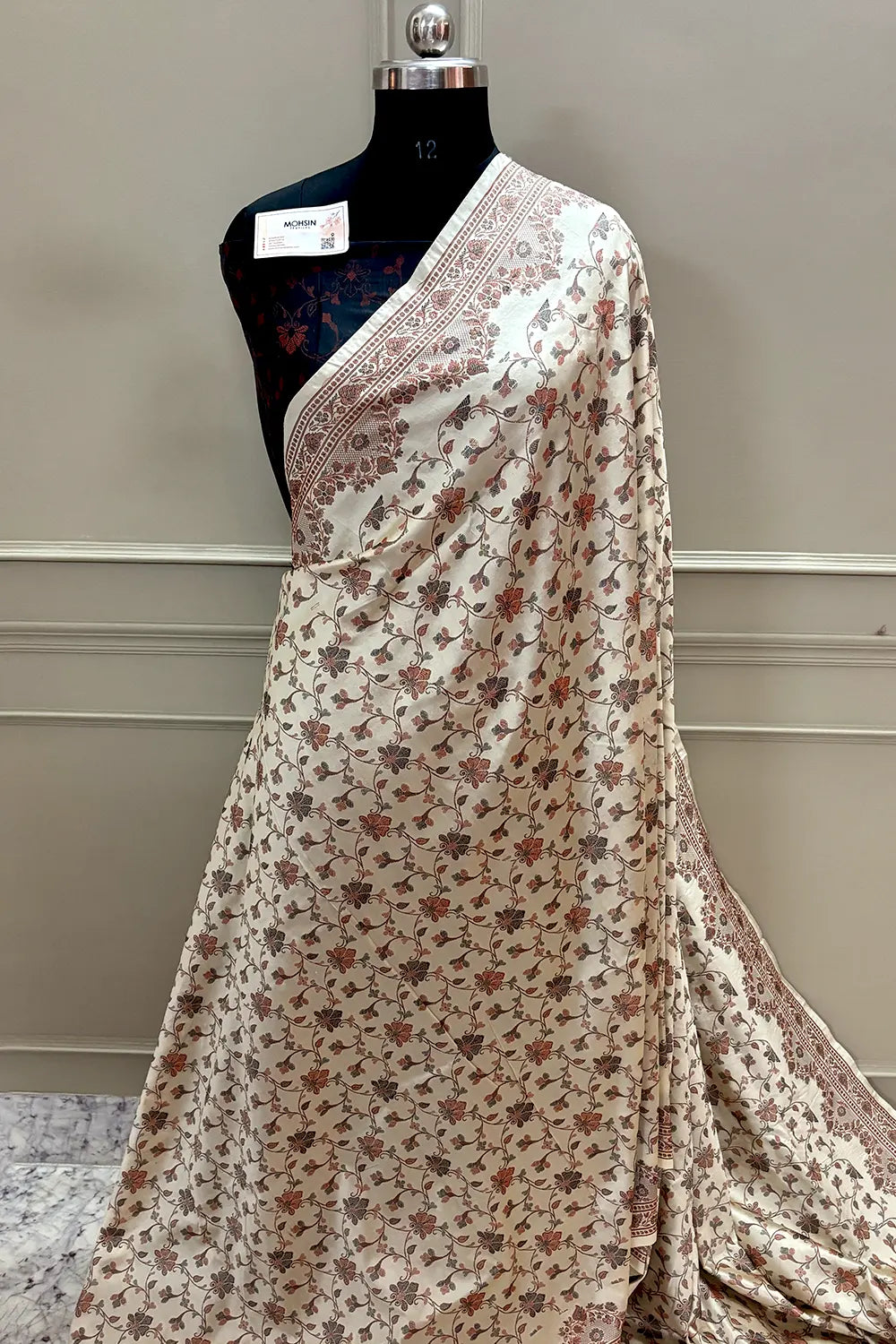 Beige and Black Resham Silk Banarasi Saree