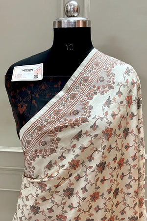 Beige and Black Resham Silk Banarasi Saree