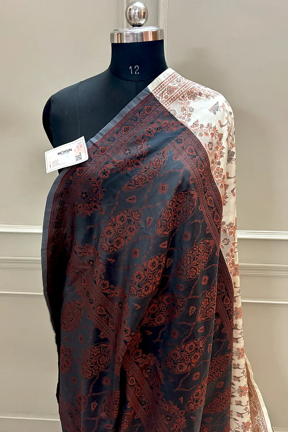 Beige and Black Resham Silk Banarasi Saree