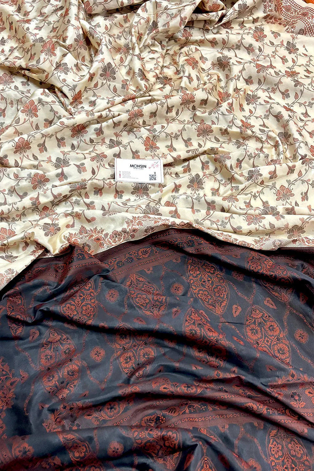 Beige and Black Resham Silk Banarasi Saree