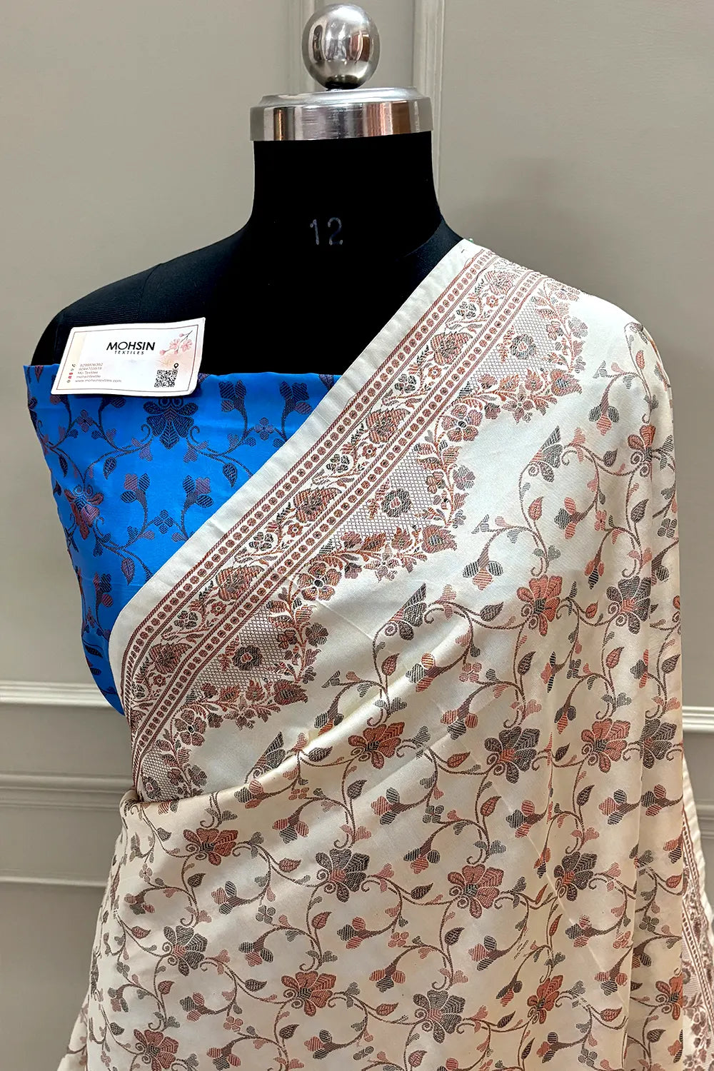 Beige and Blue Resham Silk Banarasi Saree