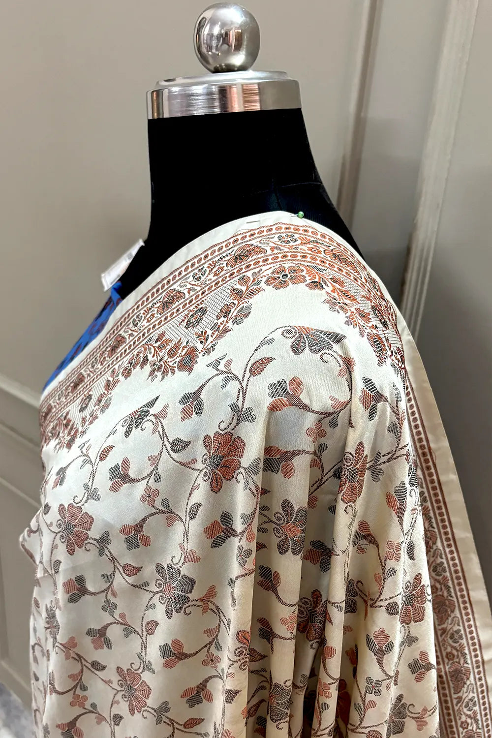 Beige and Blue Resham Silk Banarasi Saree