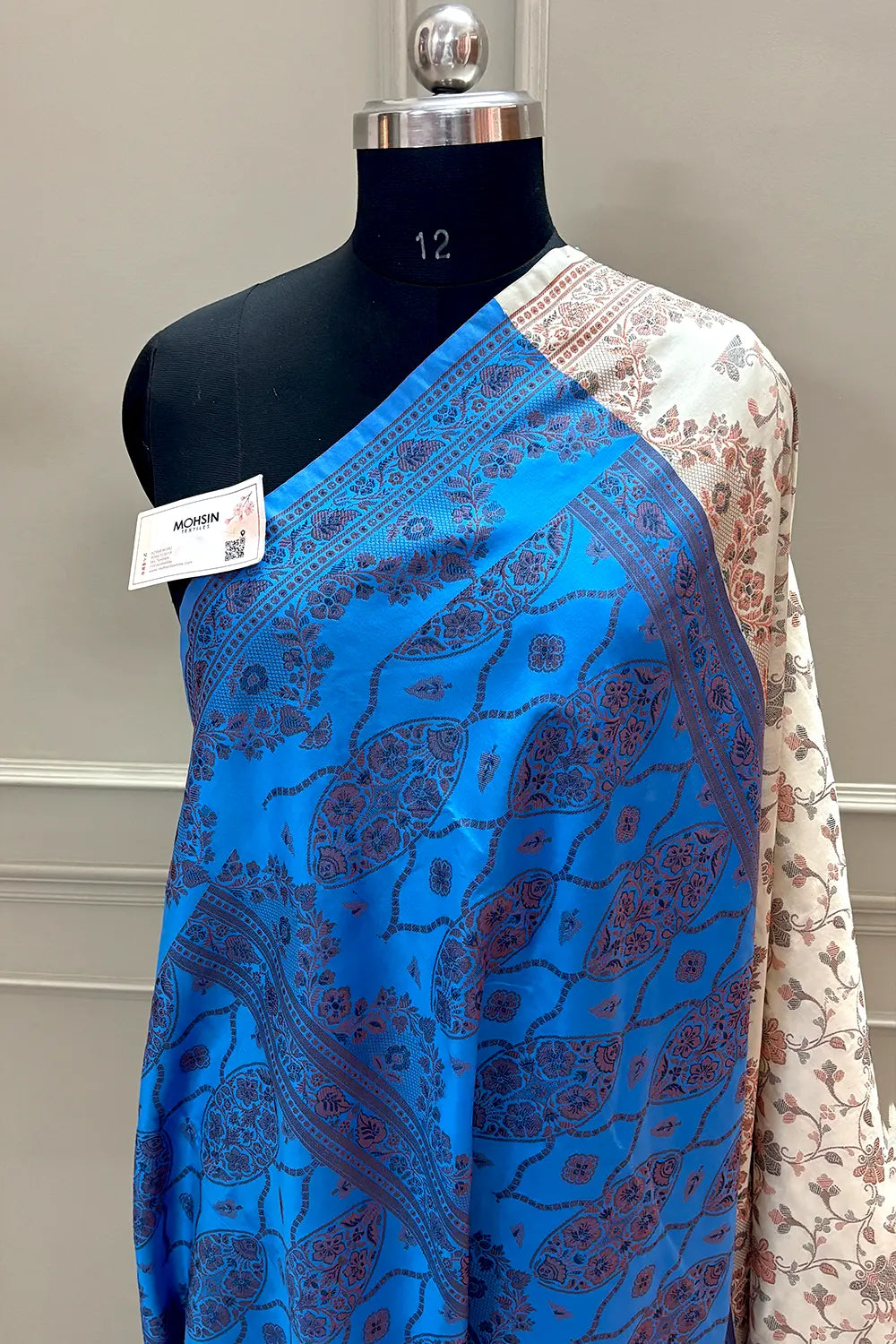 Beige and Blue Resham Silk Banarasi Saree