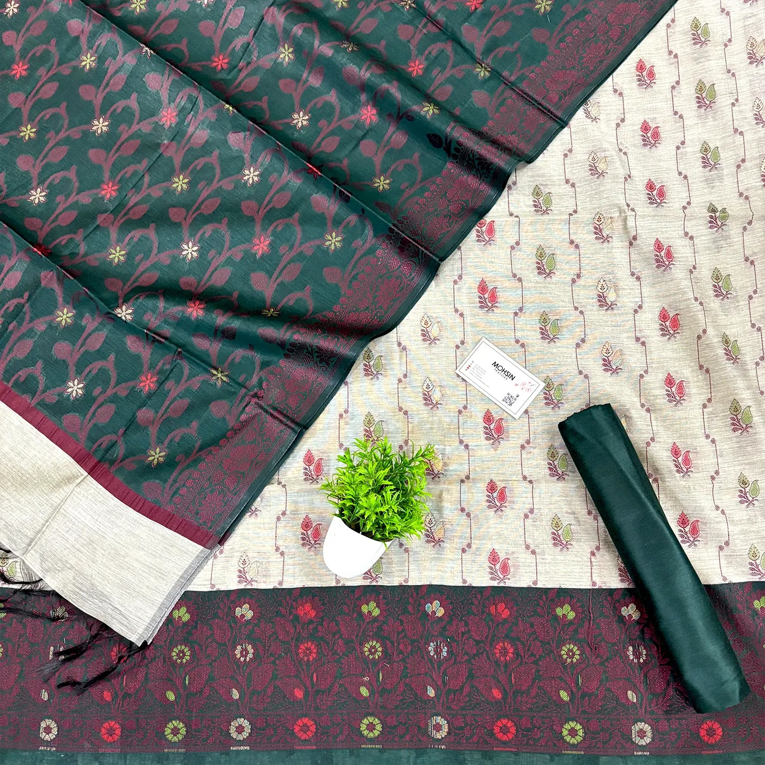 Beige and Bottle Green Resham Banarasi Silk Suit