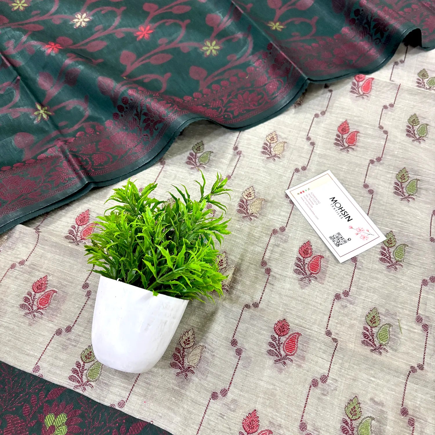 Beige and Bottle Green Resham Banarasi Silk Suit