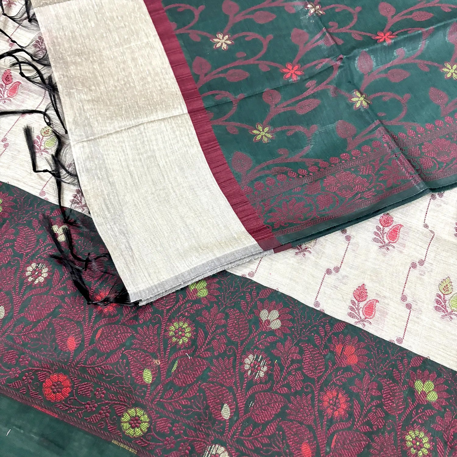 Beige and Bottle Green Resham Banarasi Silk Suit