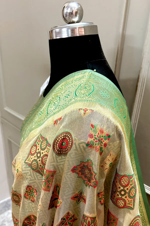 Beige and Green Zari Tissue Silk Banarasi Saree