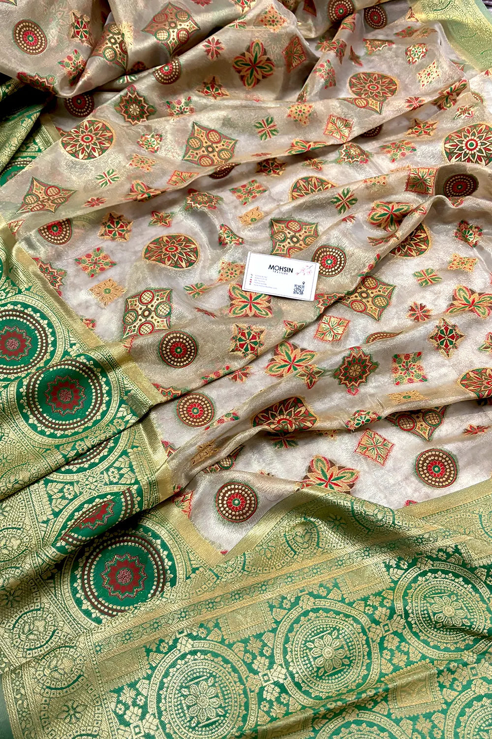Beige and Green Zari Tissue Silk Banarasi Saree