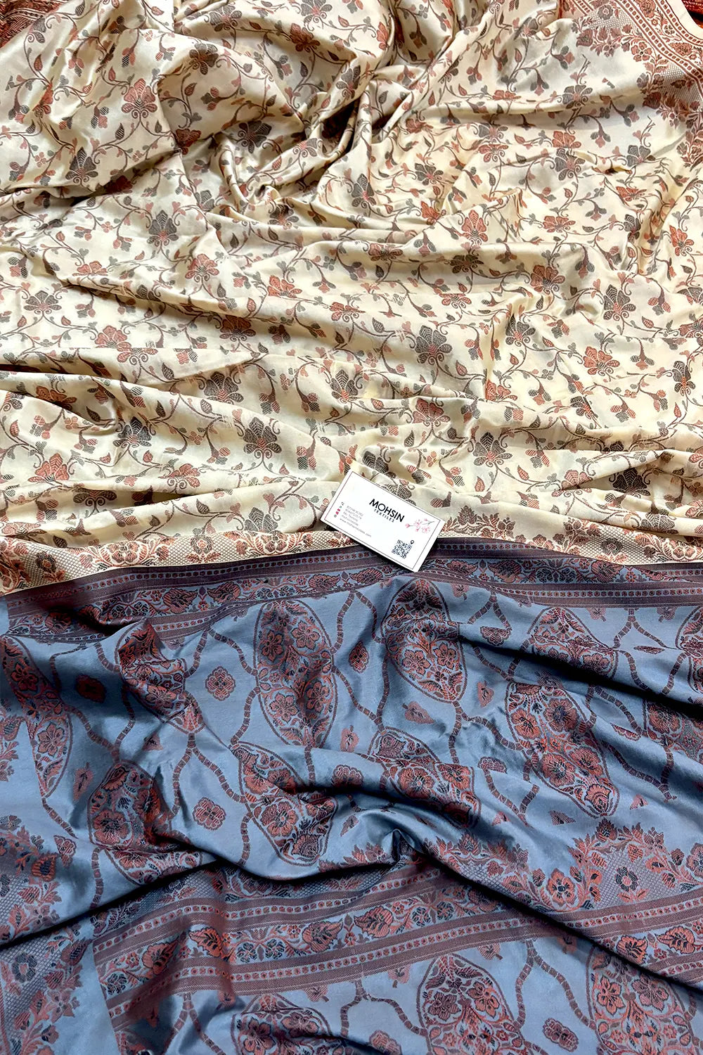 Beige and Grey Resham Silk Banarasi Saree