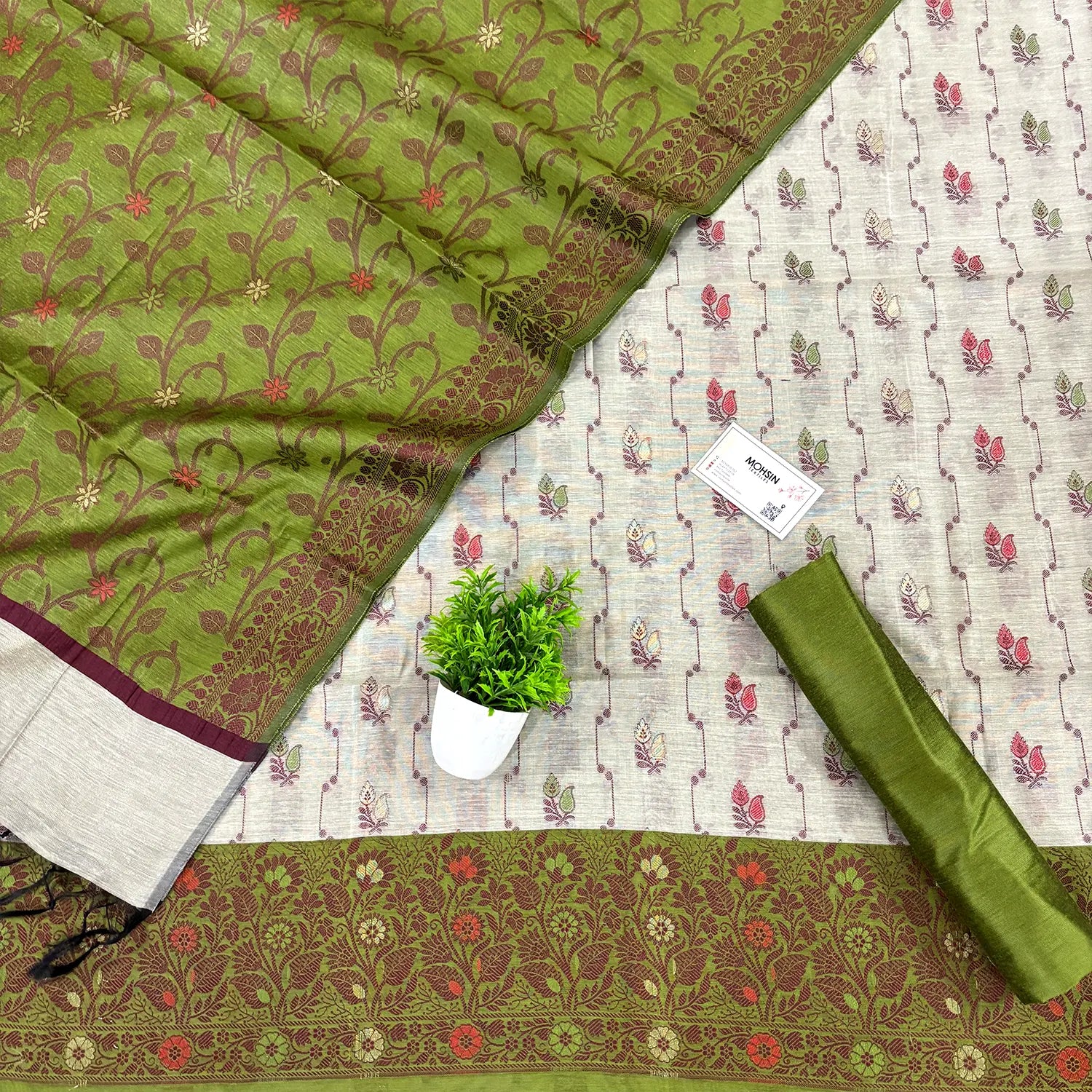 Beige and Mehendi Resham Banarasi Silk Suit