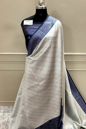 Beige and Navy Blue Resham Zari Banarasi Silk Saree