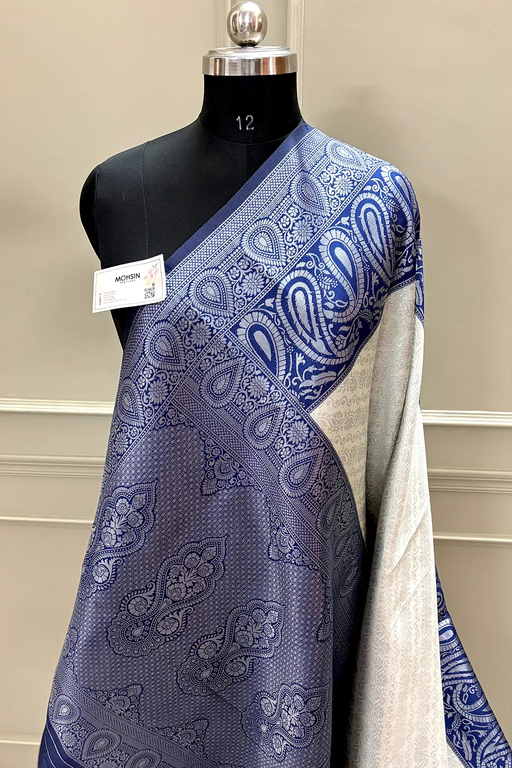 Beige and Navy Blue Resham Zari Banarasi Silk Saree