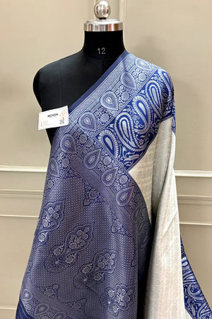 Beige and Navy Blue Resham Zari Banarasi Silk Saree