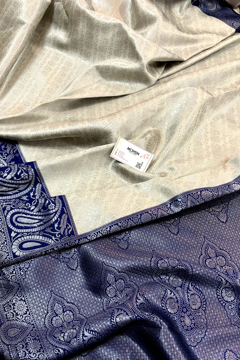Beige and Navy Blue Resham Zari Banarasi Silk Saree