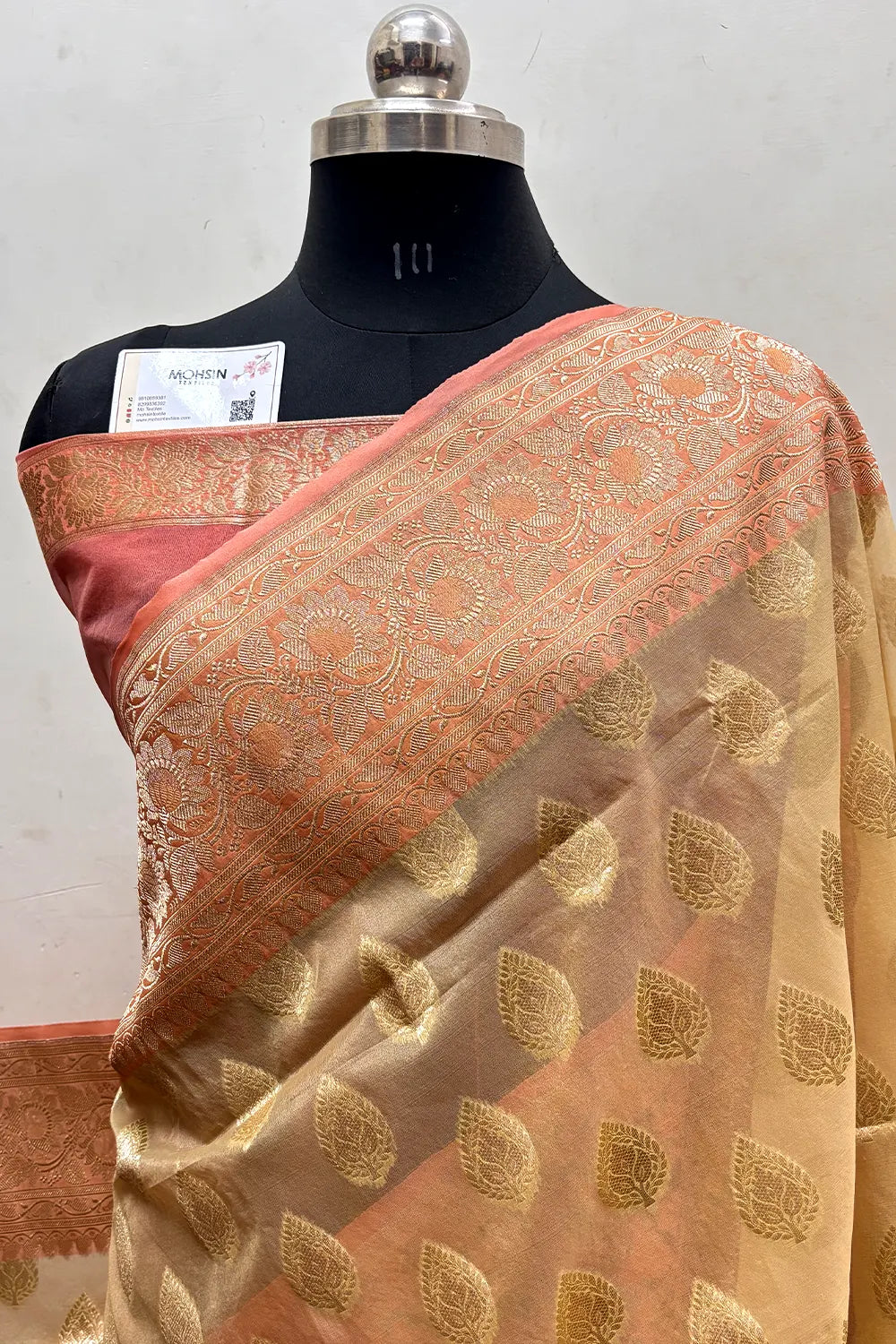Beige and Peach Organza Silk Banarasi Saree