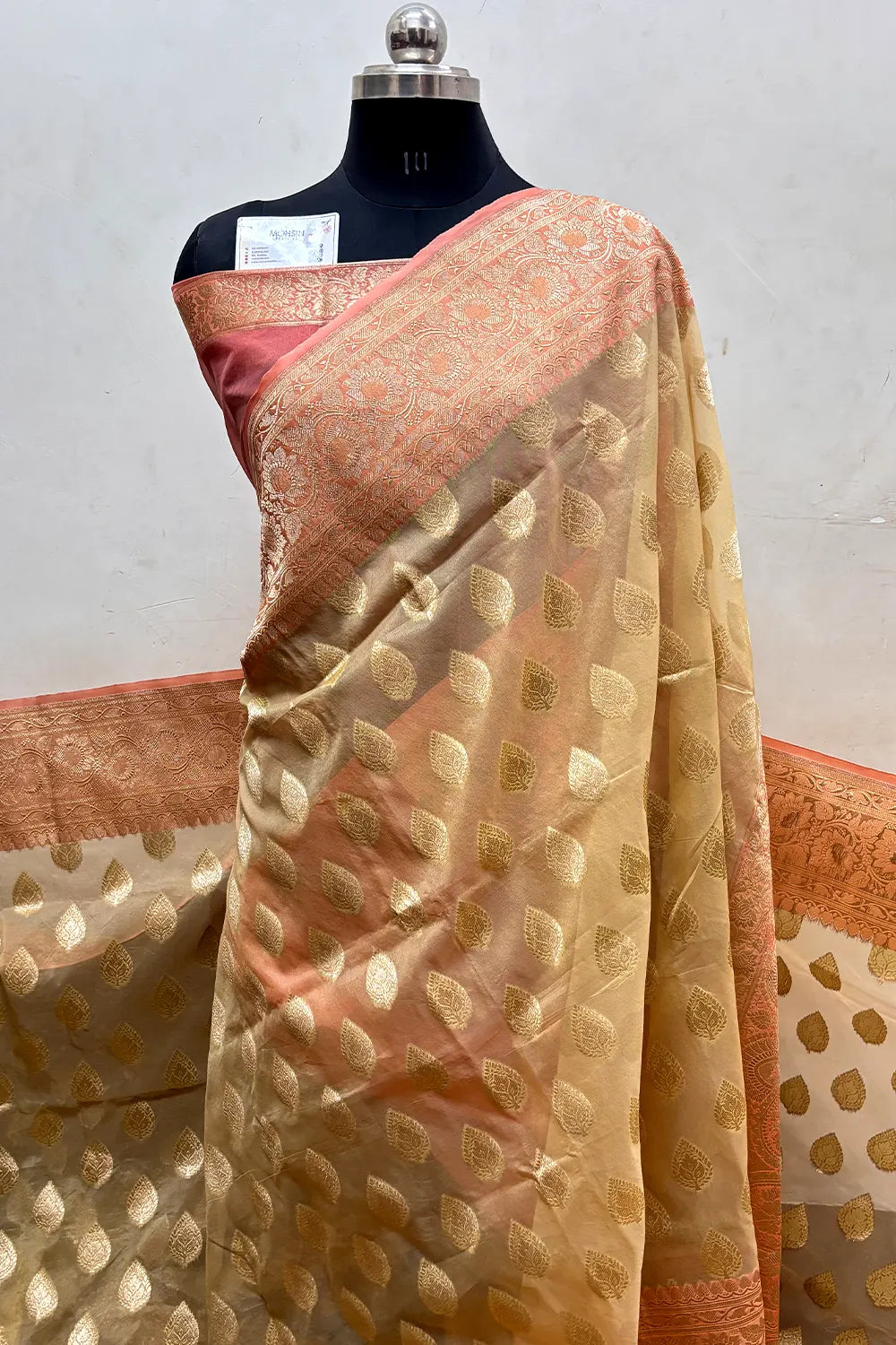 Beige and Peach Organza Silk Banarasi Saree