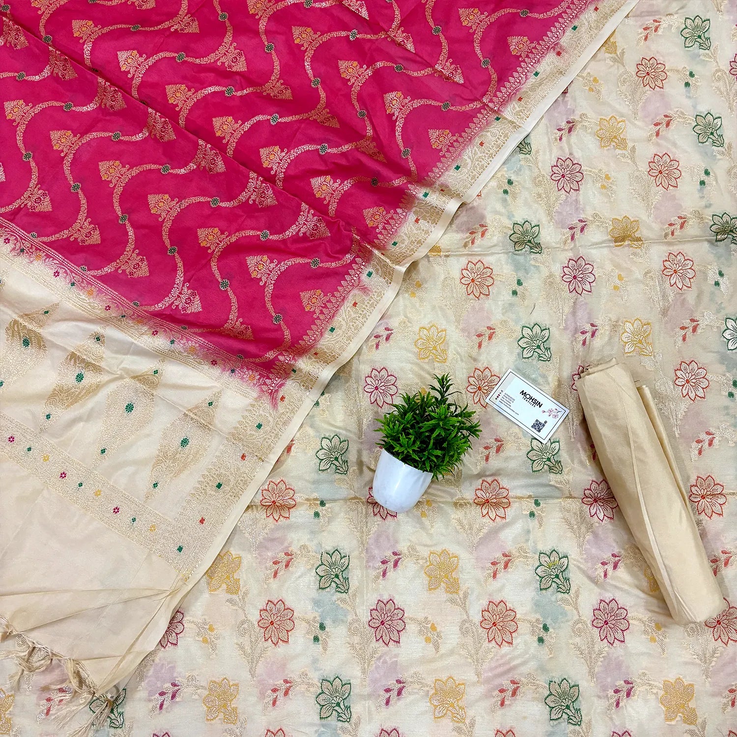Beige and Peach Zari Katan Silk Banarasi Suit