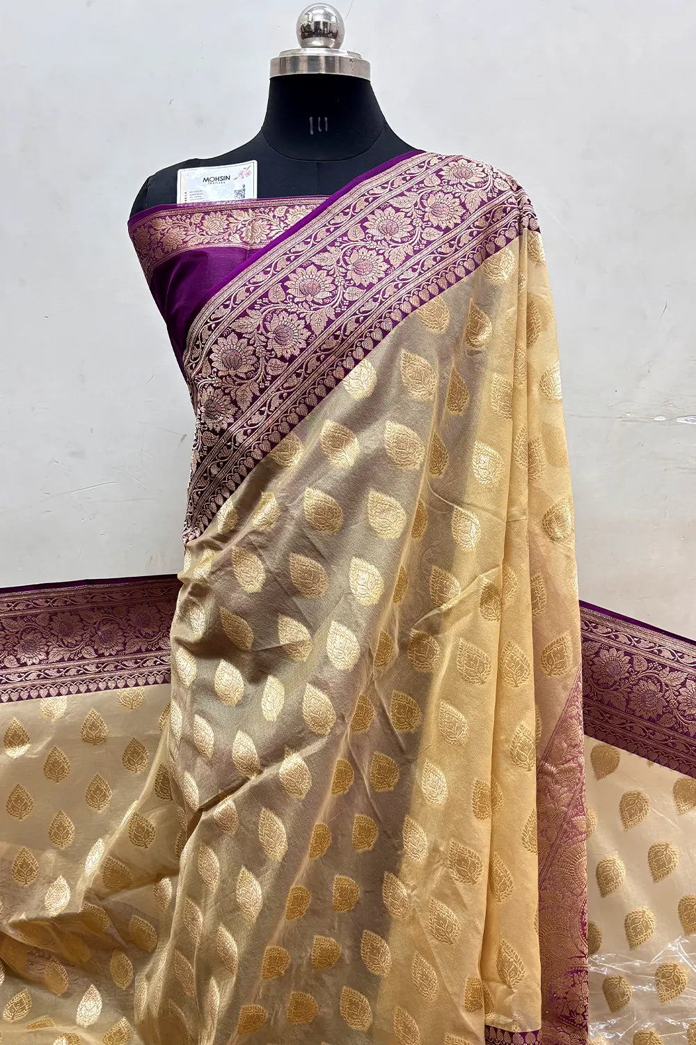 Beige and Purple Organza Silk Banarasi Saree