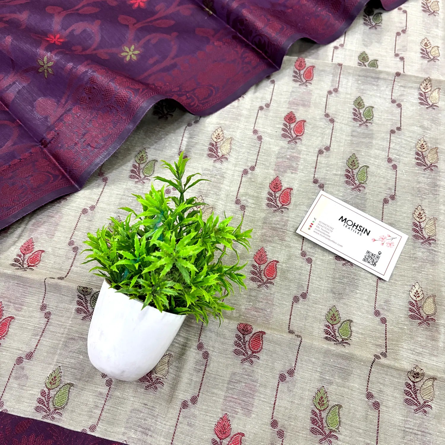 Beige and Purple Resham Banarasi Silk Suit