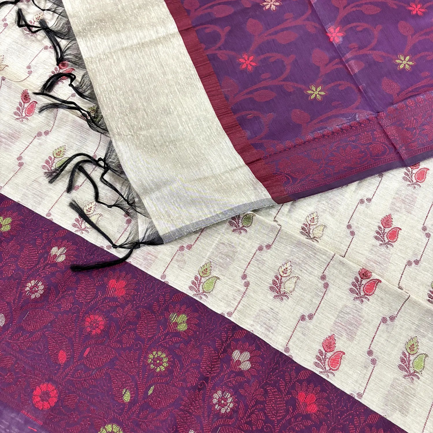 Beige and Purple Resham Banarasi Silk Suit