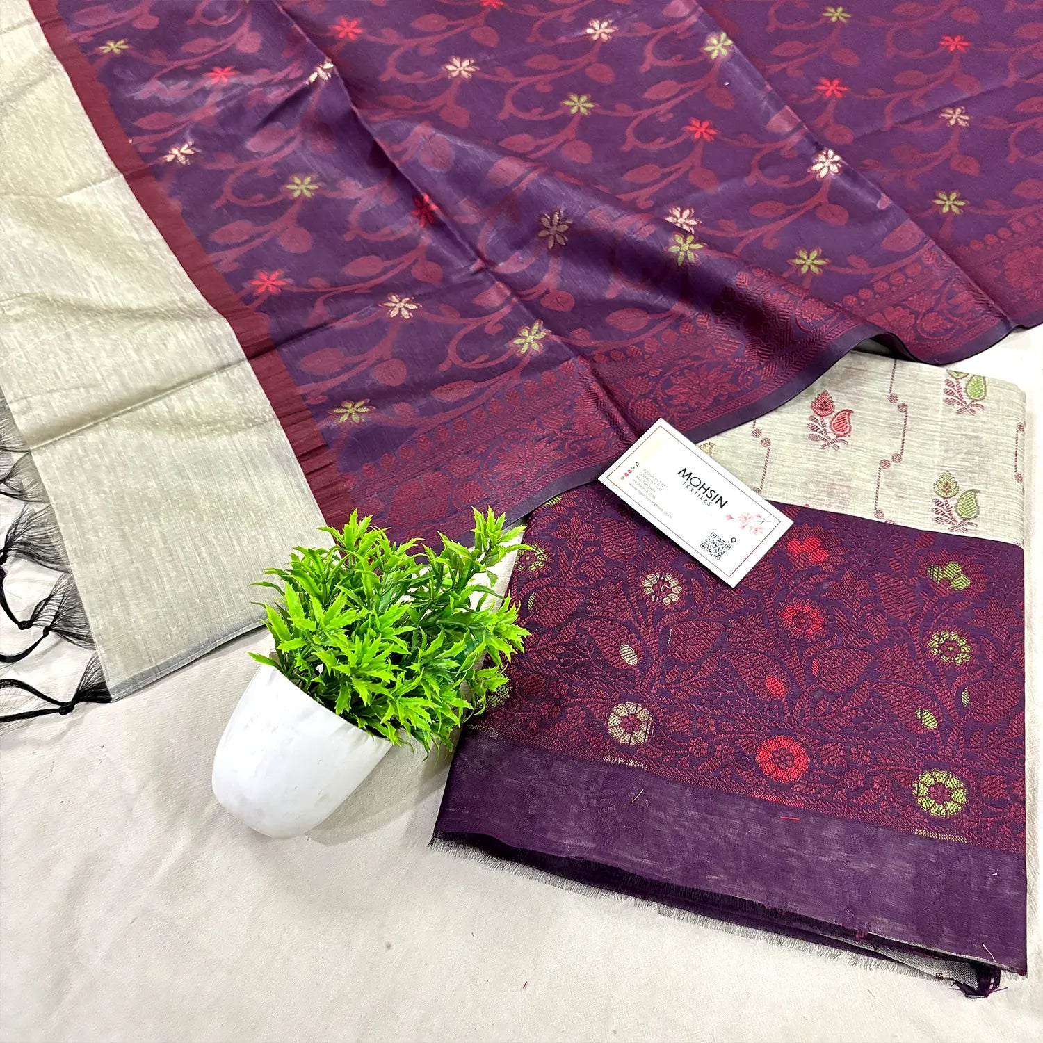 Beige and Purple Resham Banarasi Silk Suit