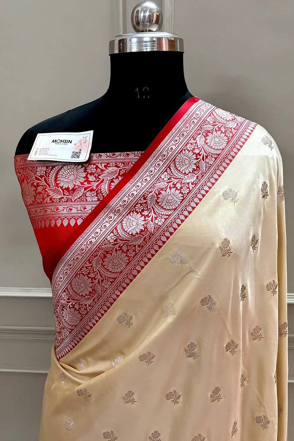 Beige and Red Chaman Buti Katan Silk Banarasi Saree