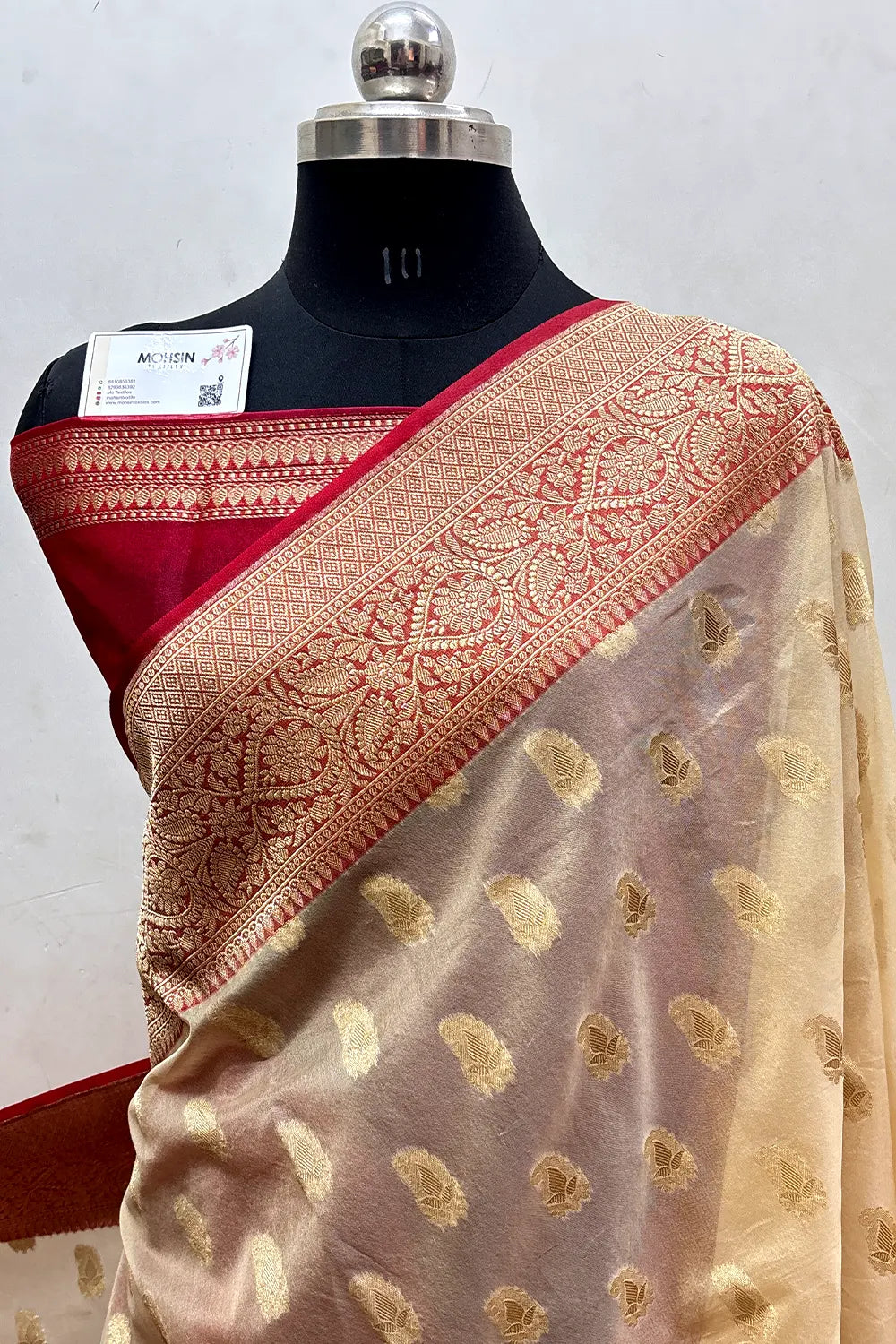 Beige and Red Organza Silk Banarasi Saree