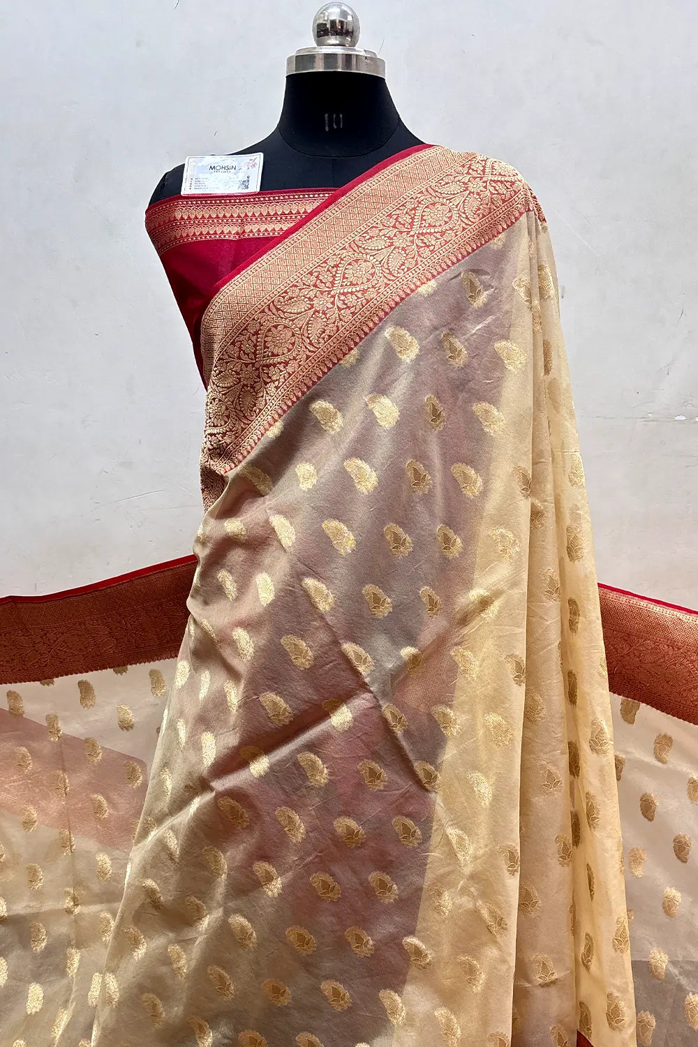 Beige and Red Organza Silk Banarasi Saree