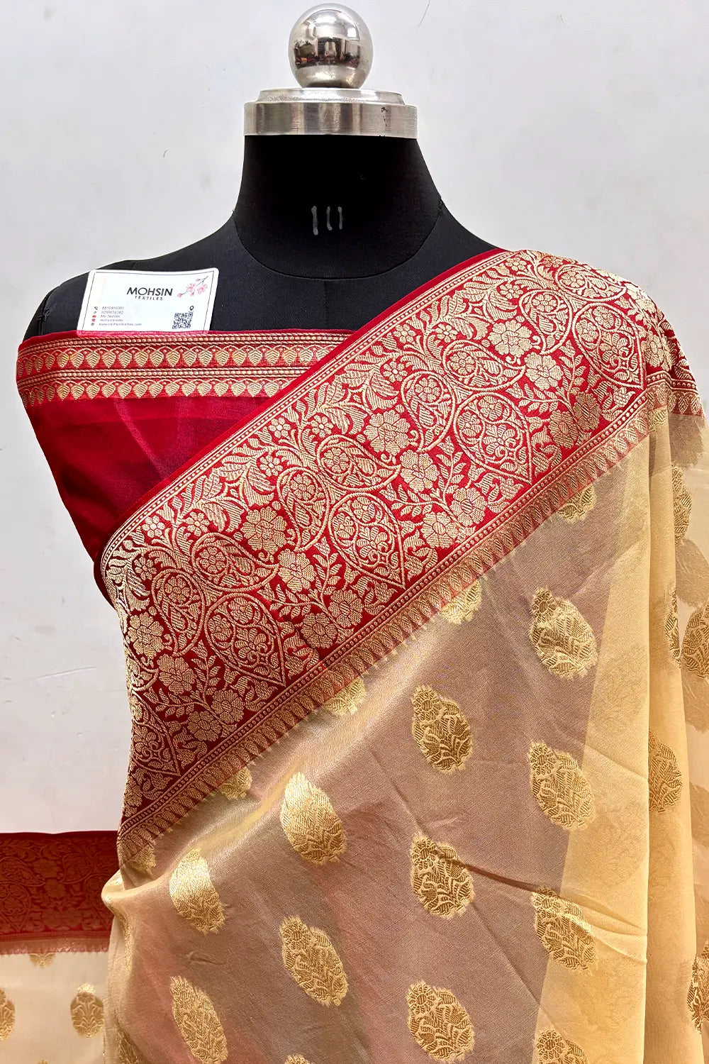 Beige and Red Organza Silk Banarasi Saree
