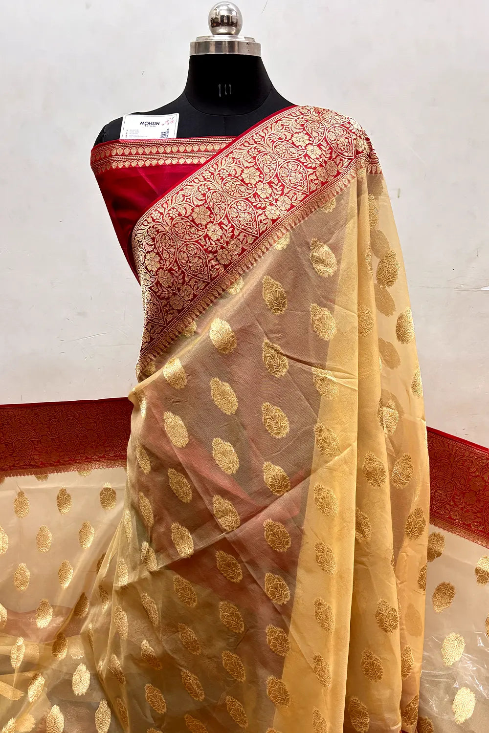 Beige and Red Organza Silk Banarasi Saree