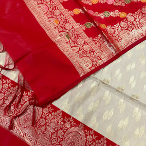 Beige and Red Persian Lau Banarasi Silk Suit