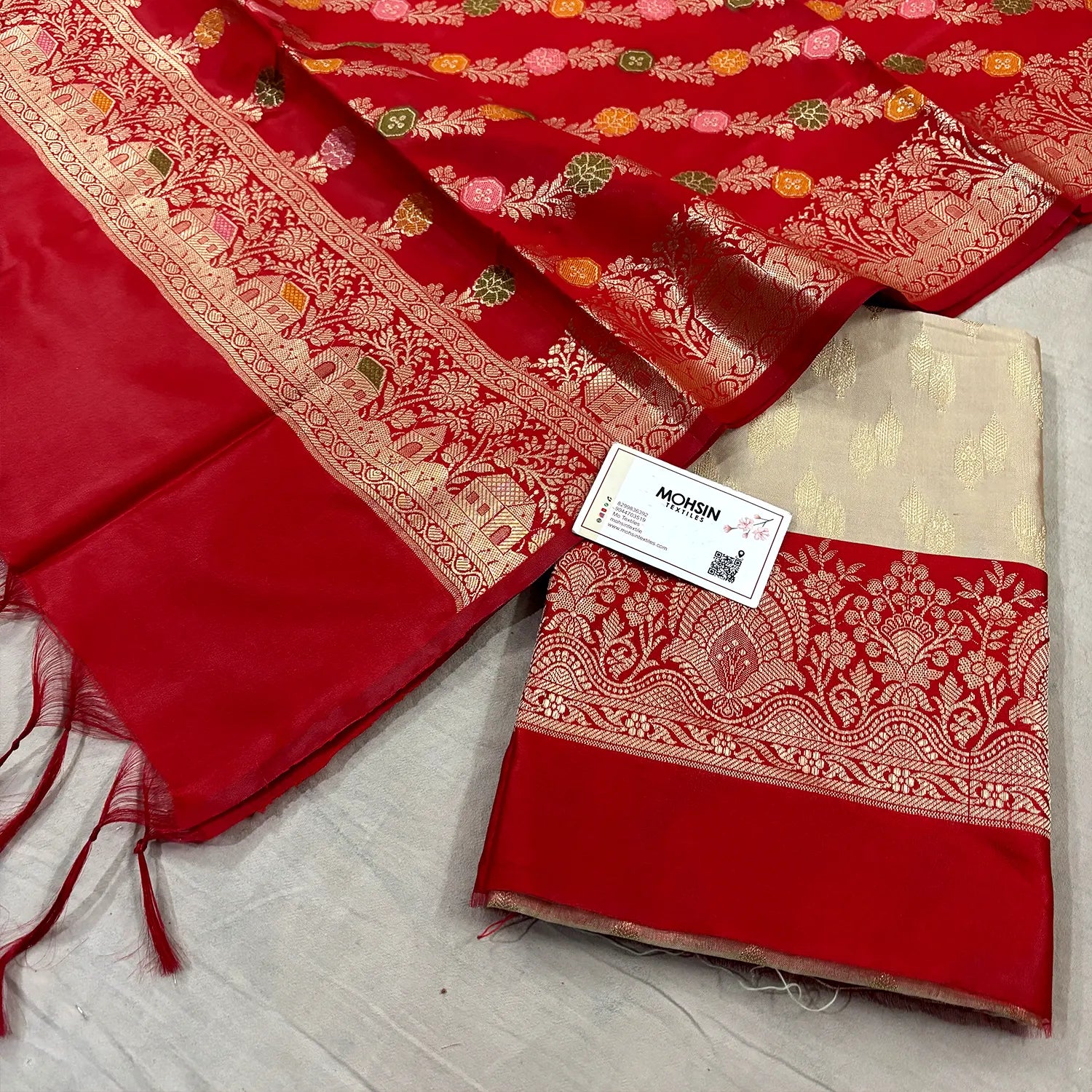 Beige and Red Persian Lau Banarasi Silk Suit