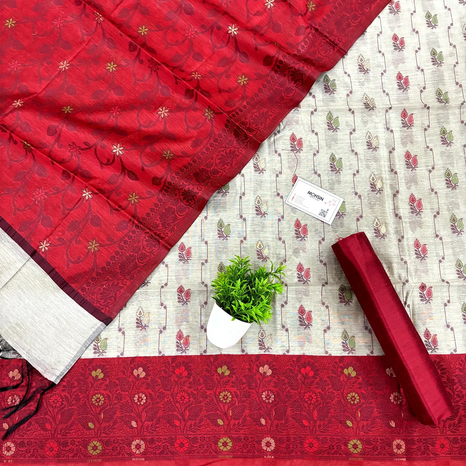 Beige and Red Resham Banarasi Silk Suit