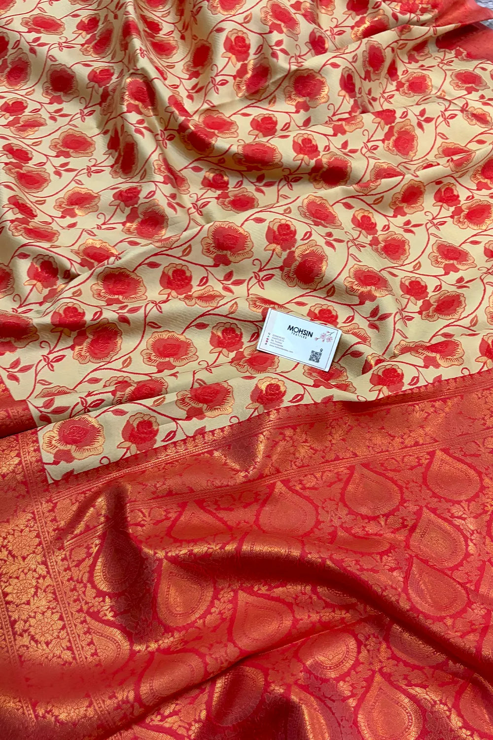 Beige and Red Resham Silk Banarasi Saree