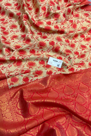 Beige and Red Resham Silk Banarasi Saree