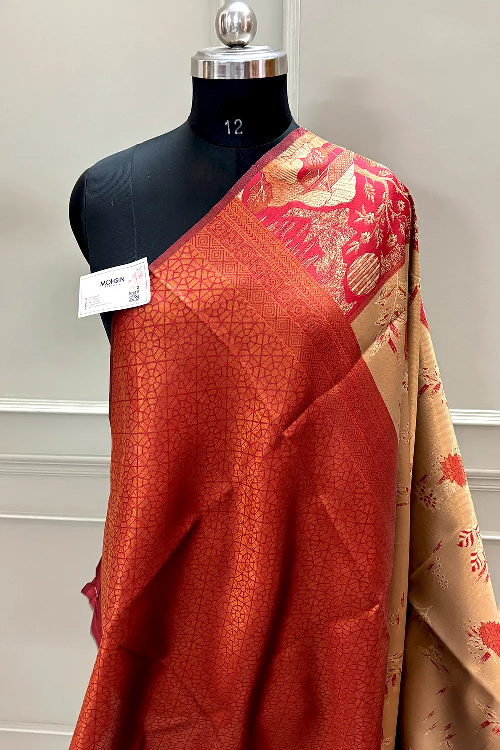 Beige and Red Resham Zari Banarasi Silk Saree