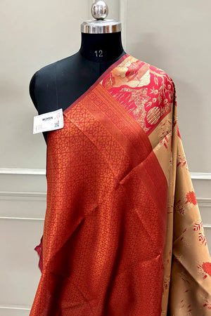 Beige and Red Resham Zari Banarasi Silk Saree