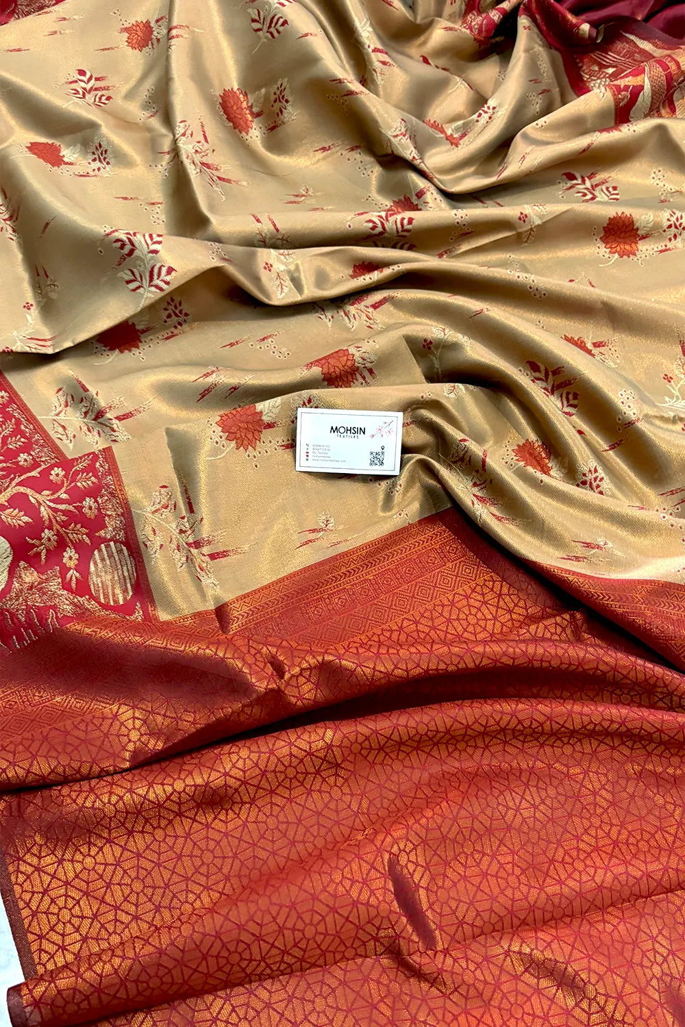 Beige and Red Resham Zari Banarasi Silk Saree