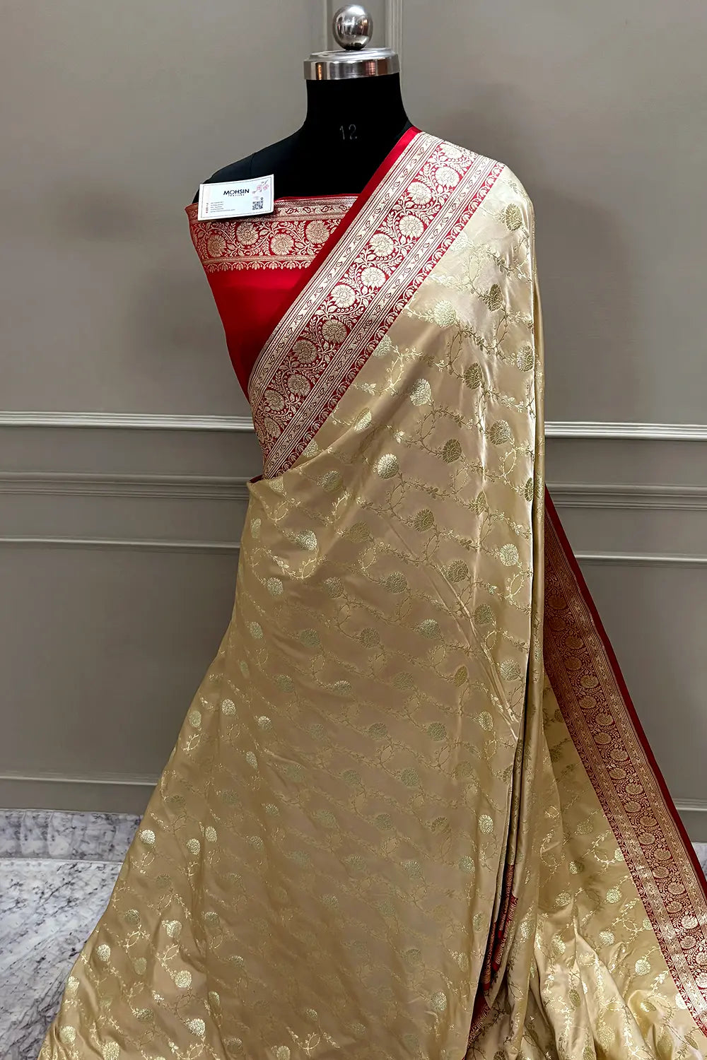 Beige and Red Ropeway Jaal Katan Mashru Silk Banarasi Saree