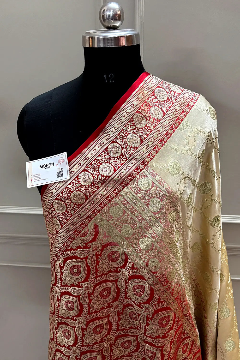 Beige and Red Ropeway Jaal Katan Mashru Silk Banarasi Saree