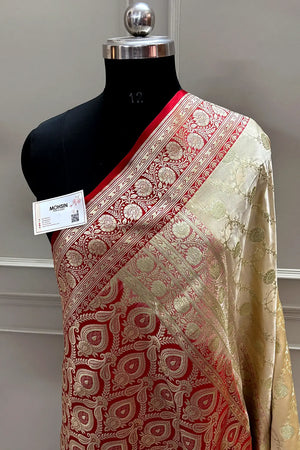 Beige and Red Ropeway Jaal Katan Mashru Silk Banarasi Saree