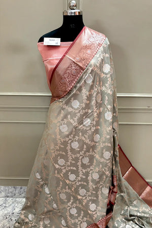 Beige and Red Zari Banarasi Silk Saree