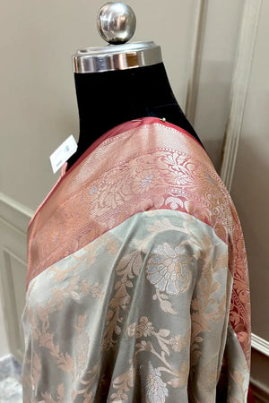 Beige and Red Zari Banarasi Silk Saree