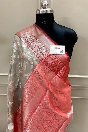Beige and Red Zari Banarasi Silk Saree