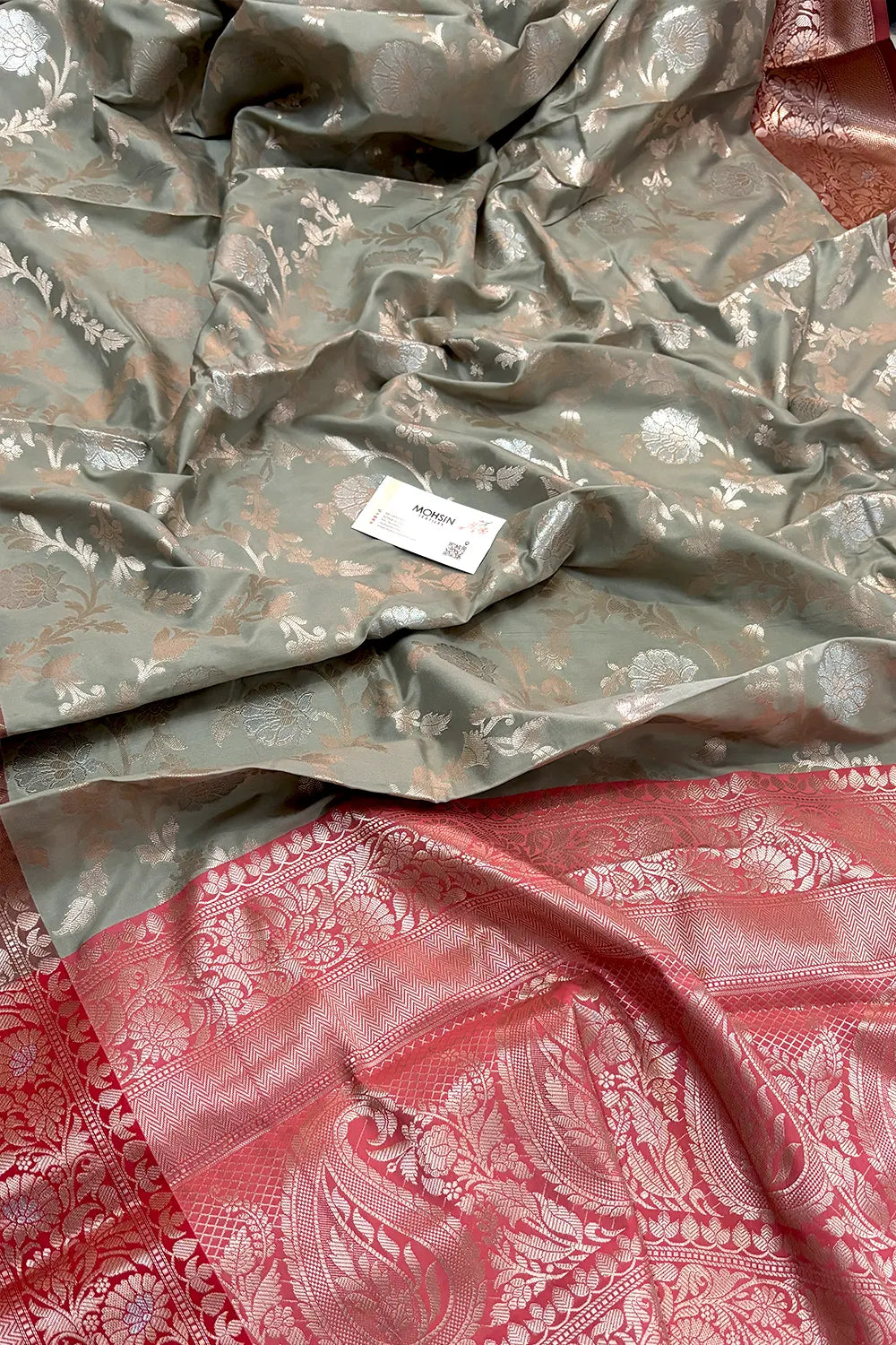 Beige and Red Zari Banarasi Silk Saree